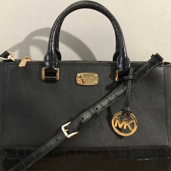 Michael Kors Kellen Black Embossed Leather Medium Satchel Luggage Handbag - Picture 7 of 16